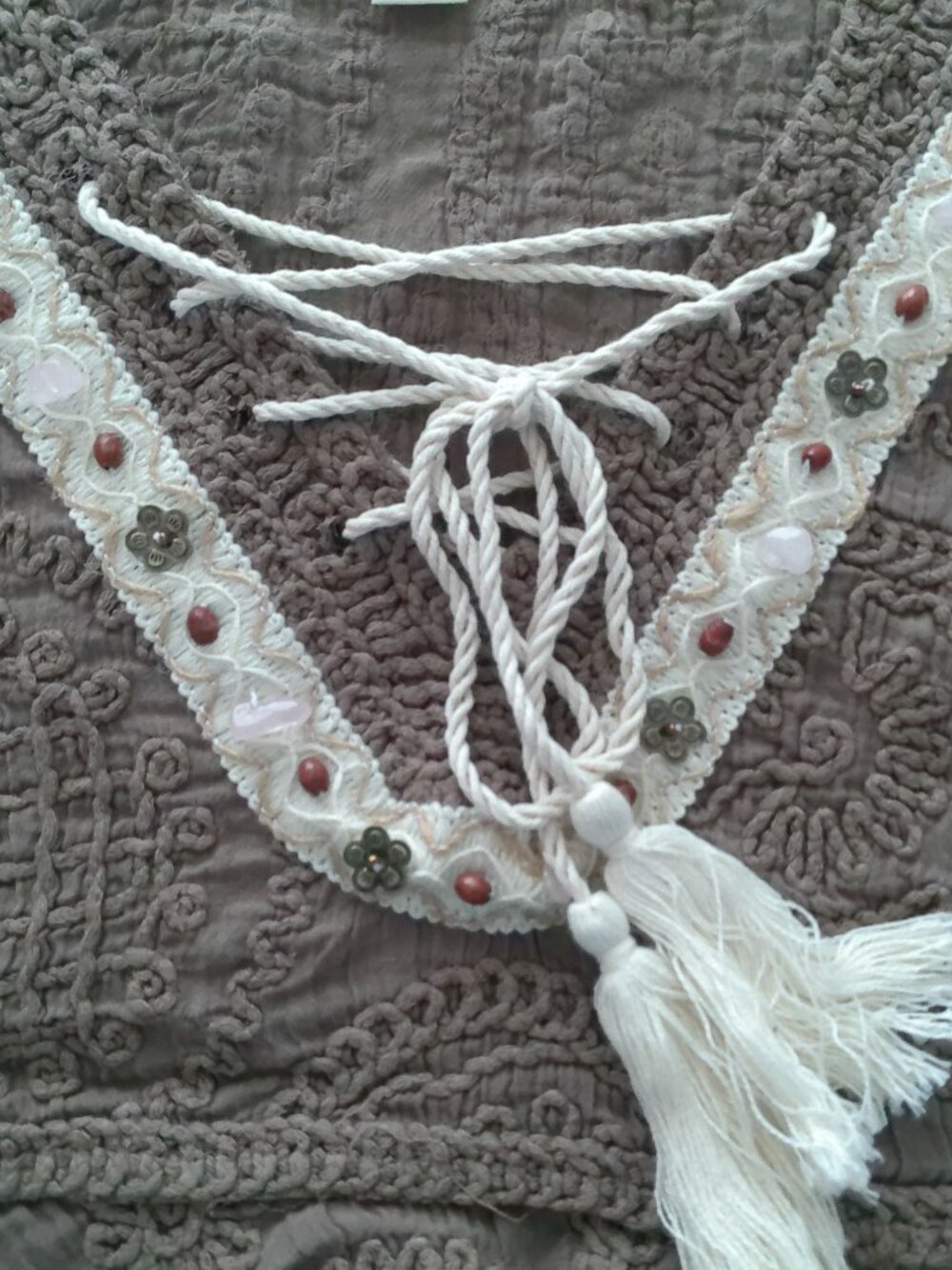 POL Short Slve Tie V-Neck Embroidery & Beading Through-Out Cocoa Brown Sweater 1 - Picture 4 of 10